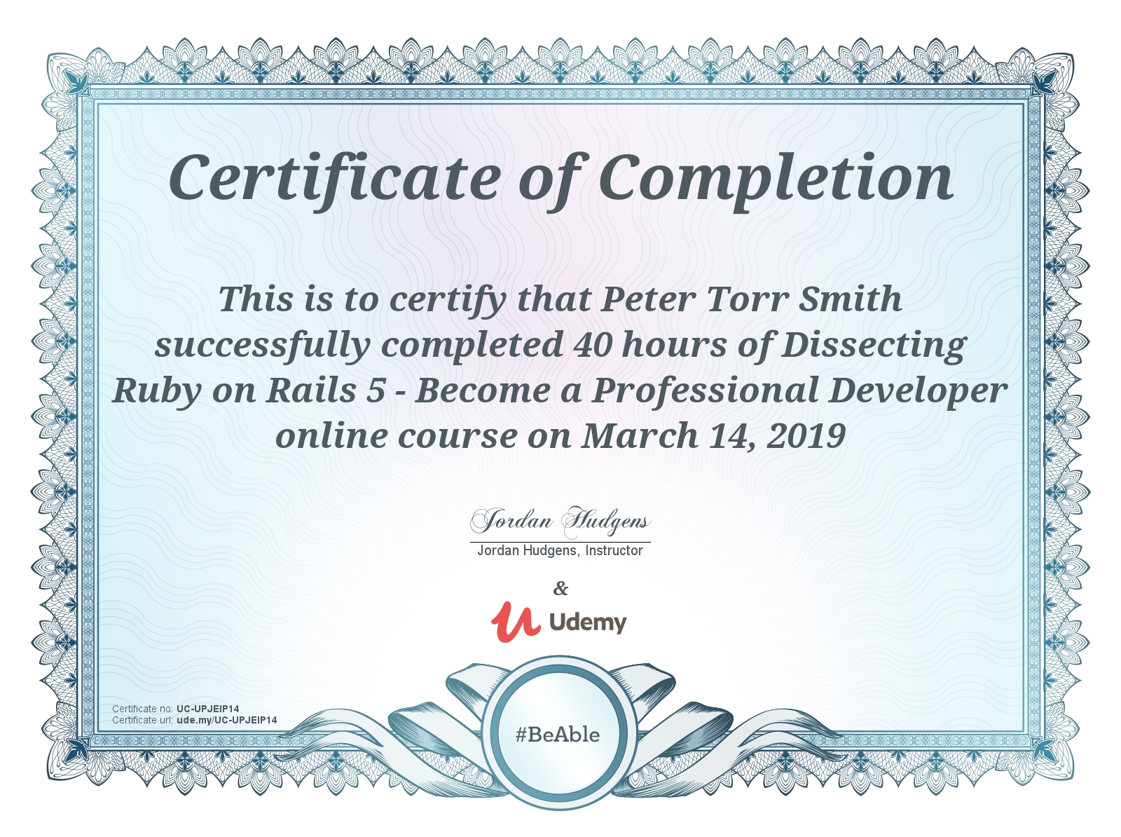Certificate for Completing Udemy Dissecting Rails 5 Professional course